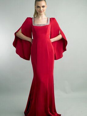 D1786L Crystal-Trimmed Bell Sleeve Mermaid Gown - Red